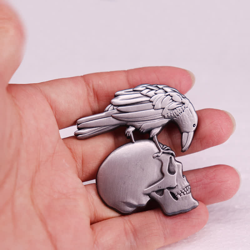 Gothic Antique Silver Embossed Raven Skull Brooch