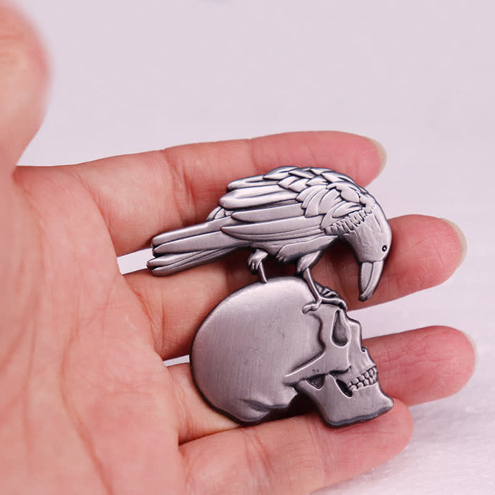Gothic Antique Silver Embossed Raven Skull Brooch