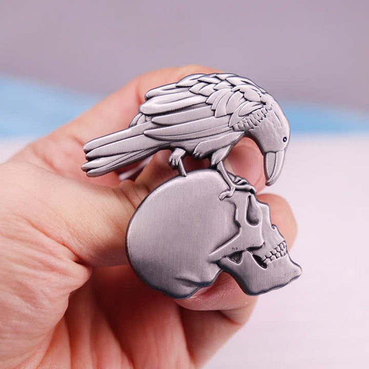 Gothic Antique Silver Embossed Raven Skull Brooch