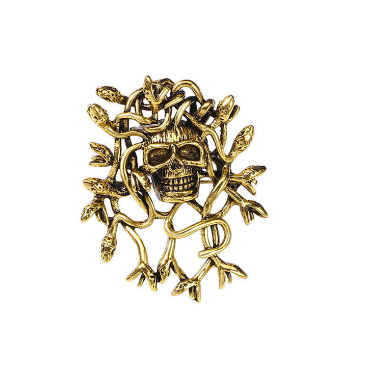 Exaggerated Snake Wrapped Skull Head Skull Brooch - Gold - image 0