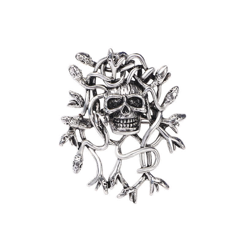 Exaggerated Snake Wrapped Skull Head Skull Brooch - Silver - image 3