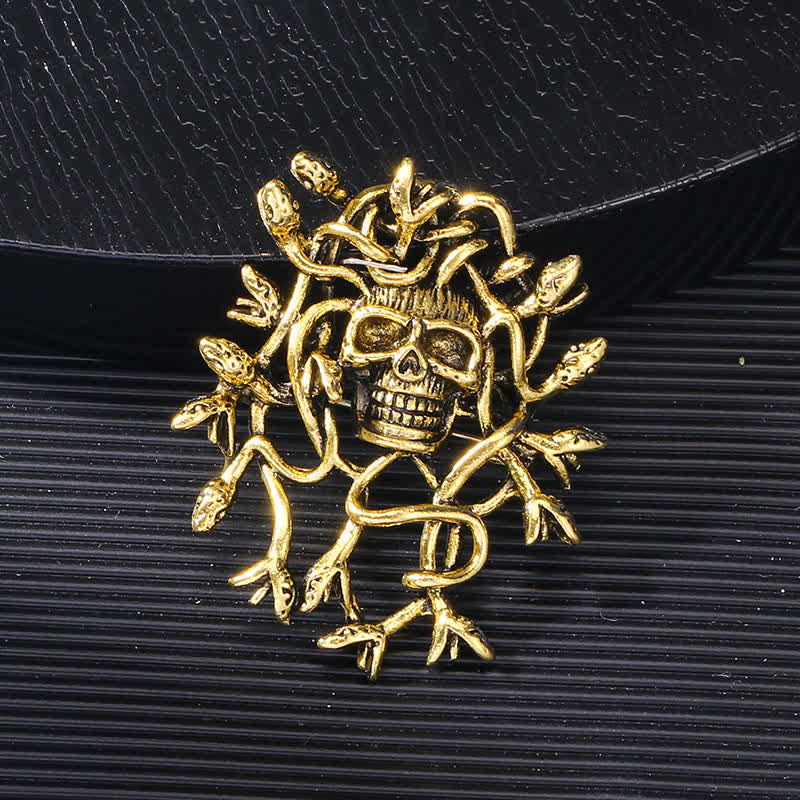 Exaggerated Snake Wrapped Skull Head Skull Brooch - image 1
