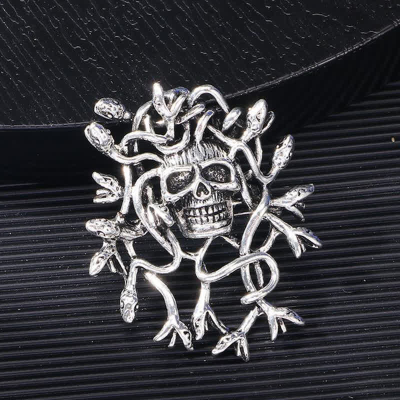 Exaggerated Snake Wrapped Skull Head Skull Brooch - image 4