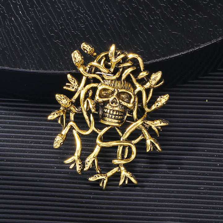 Exaggerated Snake Wrapped Skull Head Skull Brooch - image 1