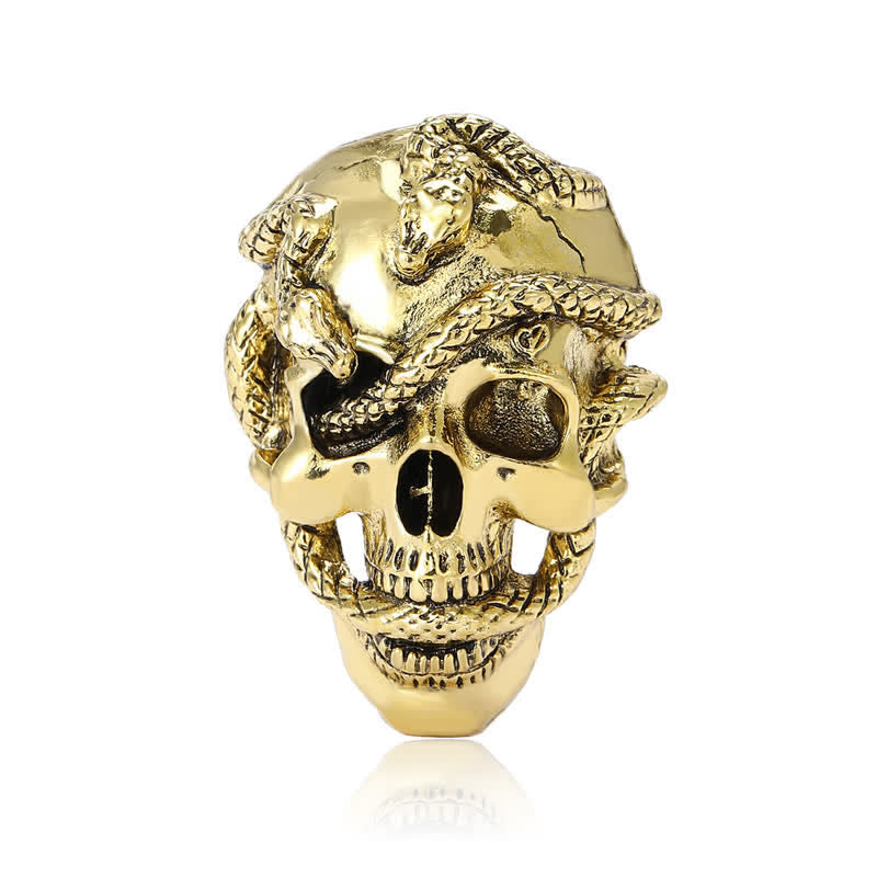 Pirate Gothic Skull Head & Surrounding Snake Brooch - Gold - image 0