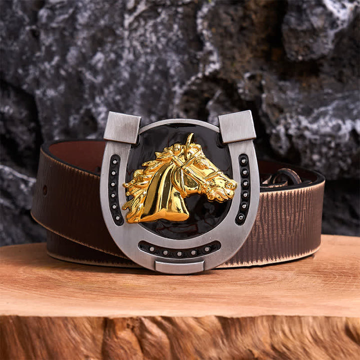 Gold & Black DIY Horseshoe Shape Buckle Leather Belt - Horseshoe - Brown Distressed Belt - 42 - image 5