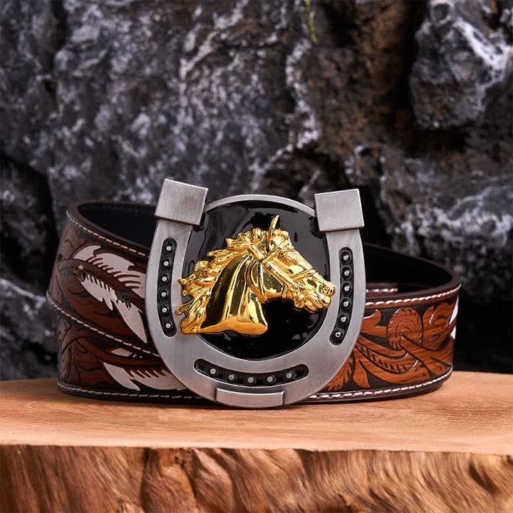 Gold & Black DIY Horseshoe Shape Buckle Leather Belt - Horseshoe - Brown Feather Belt - 40 - image 7