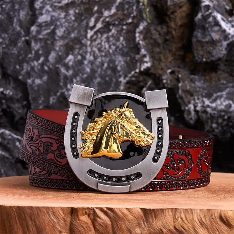 Gold & Black DIY Horseshoe Shape Buckle Leather Belt - Horseshoe - Brown Carved Belt - 42 - image 6