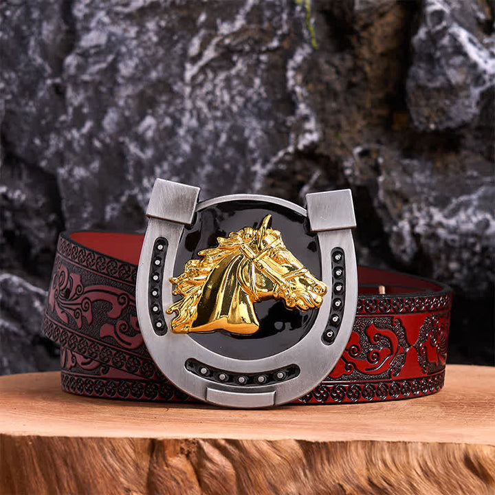 Gold & Black DIY Horseshoe Shape Buckle Leather Belt - Horseshoe - Brown Carved Belt - 42 - image 6