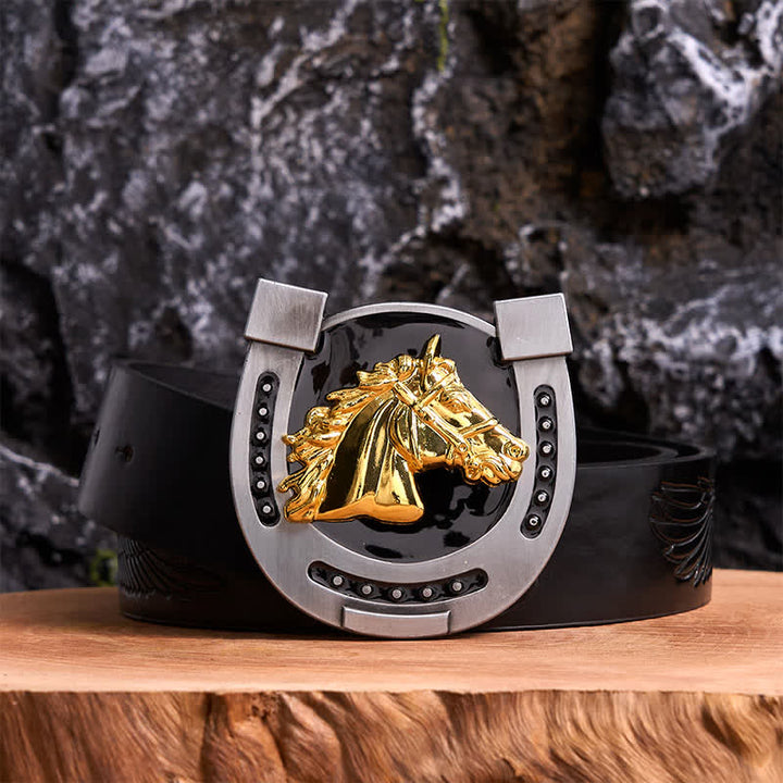 Gold & Black DIY Horseshoe Shape Buckle Leather Belt - Horseshoe - Black Embossed Eagle Belt - 42 - image 2
