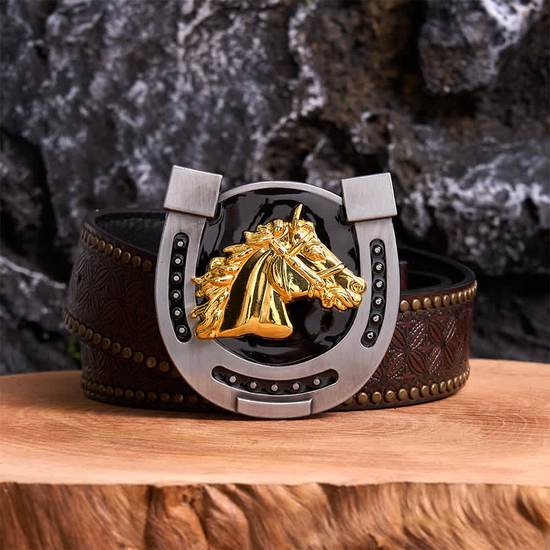 Gold & Black DIY Horseshoe Shape Buckle Leather Belt - Horseshoe - Brown Rivet Belt - 42 - image 4