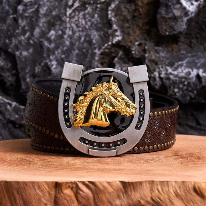 Gold & Black DIY Horseshoe Shape Buckle Leather Belt - Horseshoe - Brown Rivet Belt - 42 - image 4