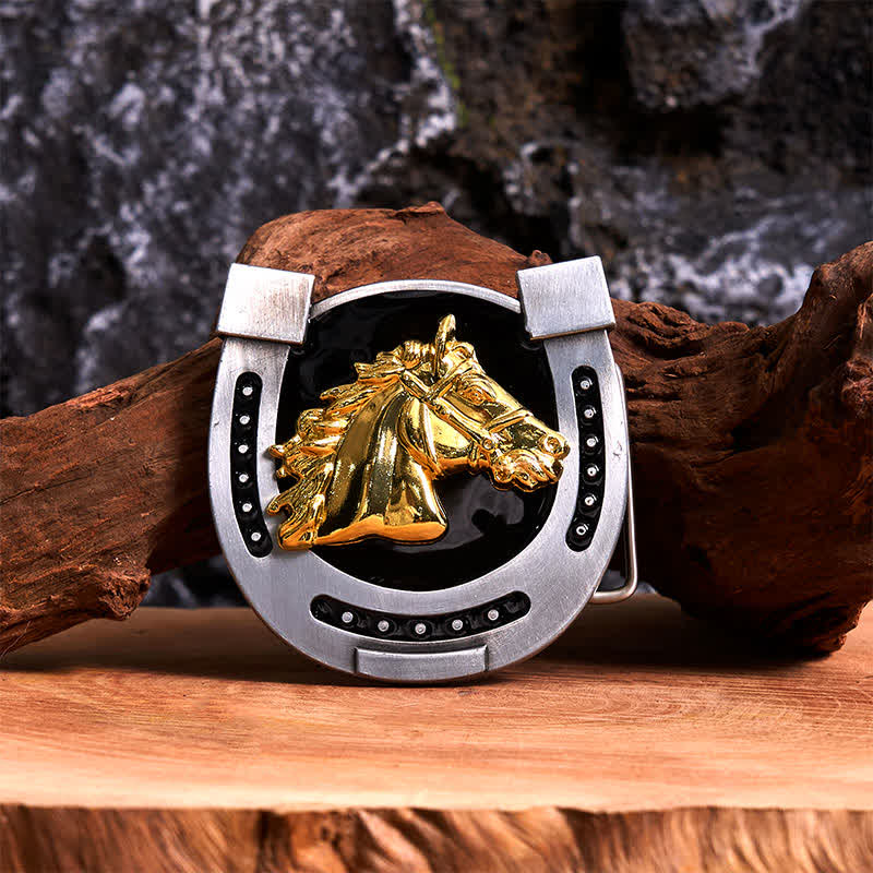 Gold & Black DIY Horseshoe Shape Buckle Leather Belt - Horseshoe - Without Belt - Not Included Belt - image 0