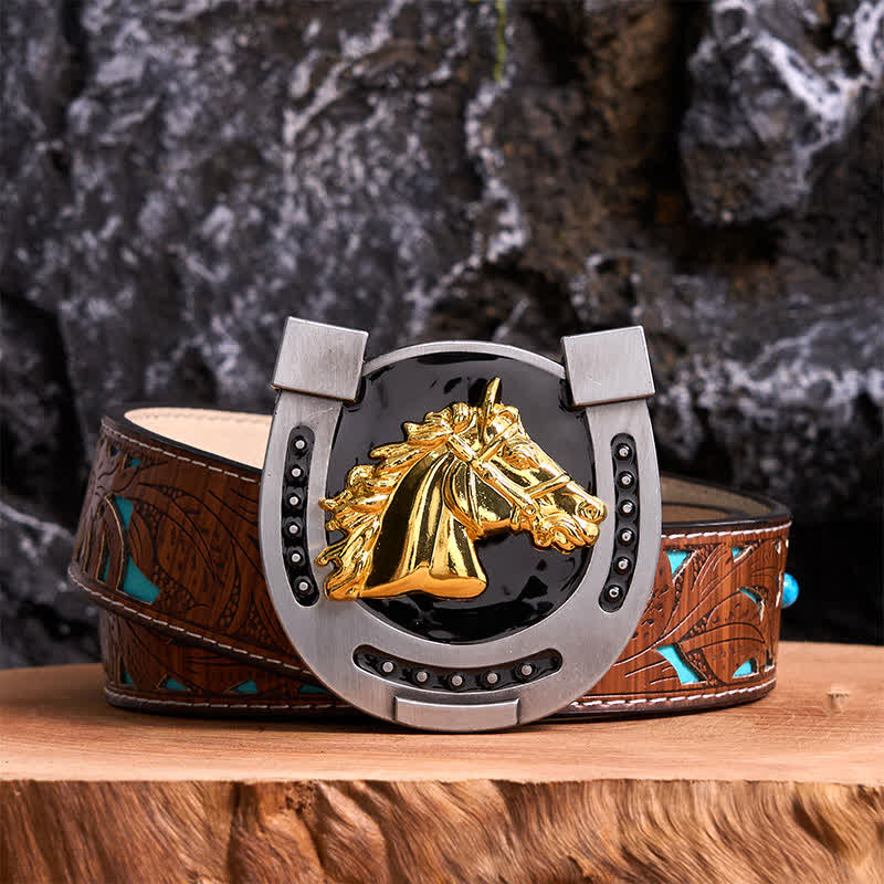 Gold & Black DIY Horseshoe Shape Buckle Leather Belt - Horseshoe - Turquoise Carved Belt - 42 - image 3