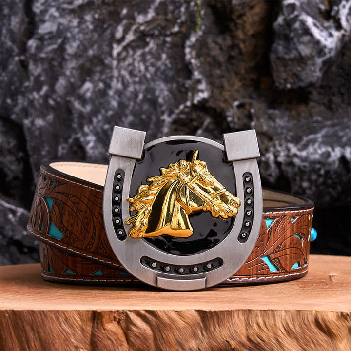 Gold & Black DIY Horseshoe Shape Buckle Leather Belt - Horseshoe - Turquoise Carved Belt - 42 - image 3