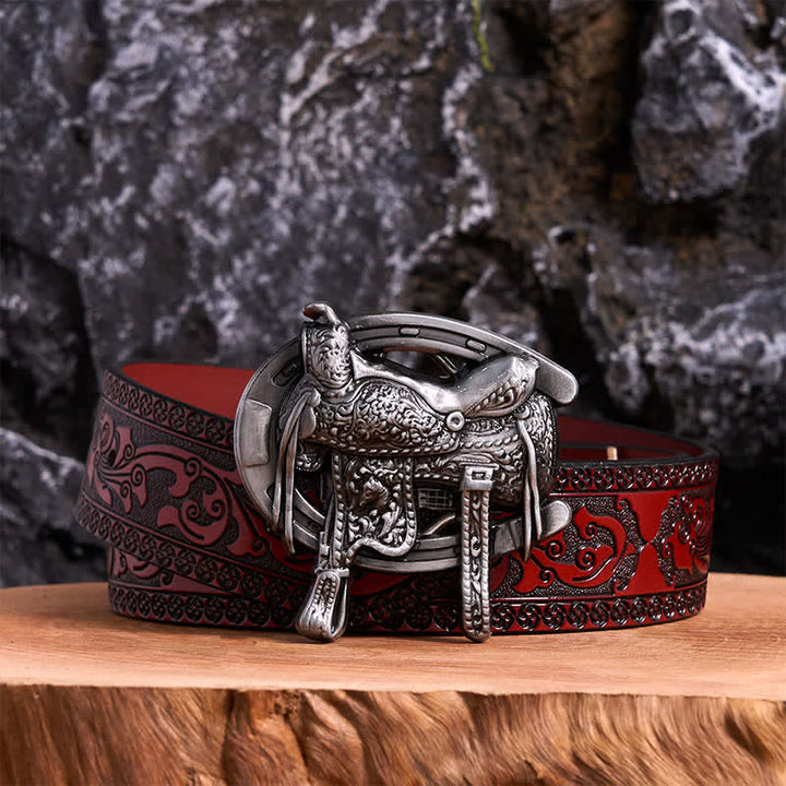Equestrian Sports DIY Saddle Horse Shoe Buckle Leather Belt - Saddle & Horseshoe - Brown Carved Belt - 42 - image 6
