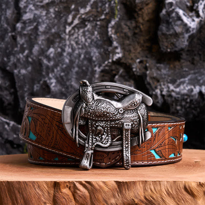 Equestrian Sports DIY Saddle Horse Shoe Buckle Leather Belt - Saddle & Horseshoe - Turquoise Carved Belt - 42 - image 3