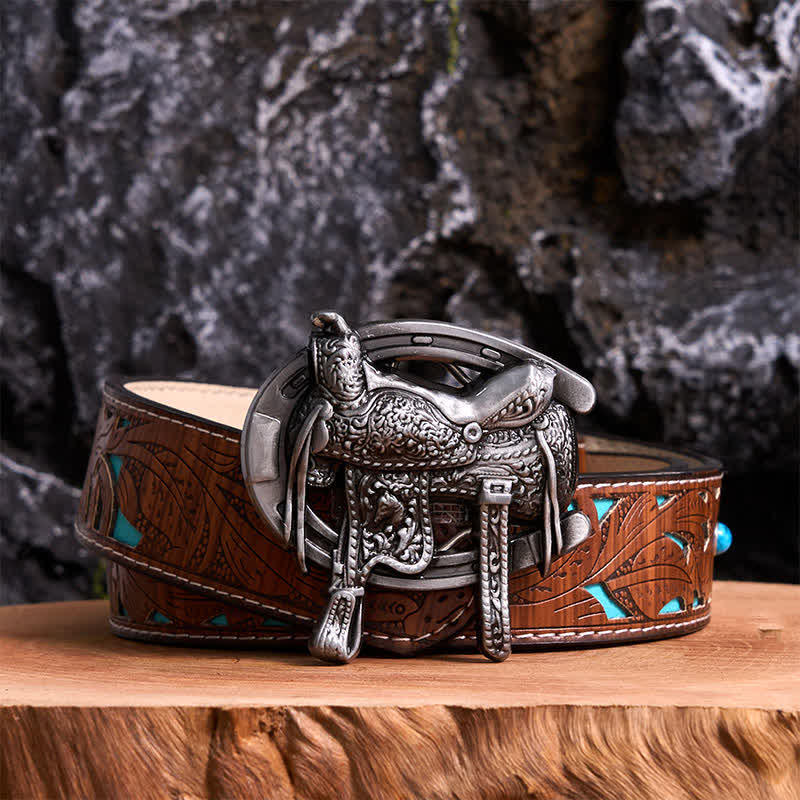 Equestrian Sports DIY Saddle Horse Shoe Buckle Leather Belt - Saddle & Horseshoe - Turquoise Carved Belt - 42 - image 3