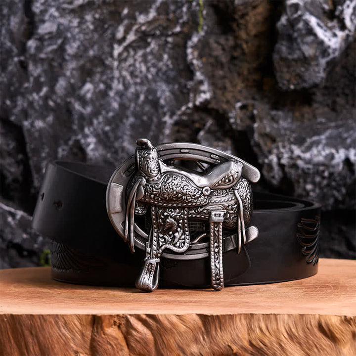 Equestrian Sports DIY Saddle Horse Shoe Buckle Leather Belt - Saddle & Horseshoe - Black Embossed Eagle Belt - 42 - image 2