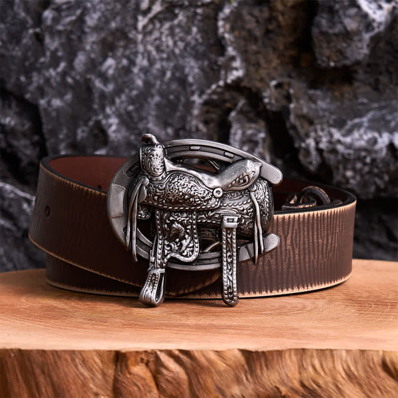 Equestrian Sports DIY Saddle Horse Shoe Buckle Leather Belt - Saddle & Horseshoe - Brown Distressed Belt - 42 - image 5