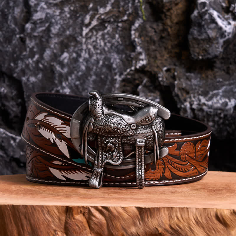 Equestrian Sports DIY Saddle Horse Shoe Buckle Leather Belt - Saddle & Horseshoe - Brown Feather Belt - 40 - image 7
