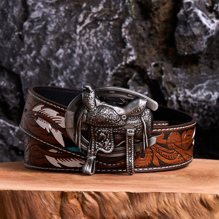 Equestrian Sports DIY Saddle Horse Shoe Buckle Leather Belt - Saddle & Horseshoe - Brown Feather Belt - 40 - image 7