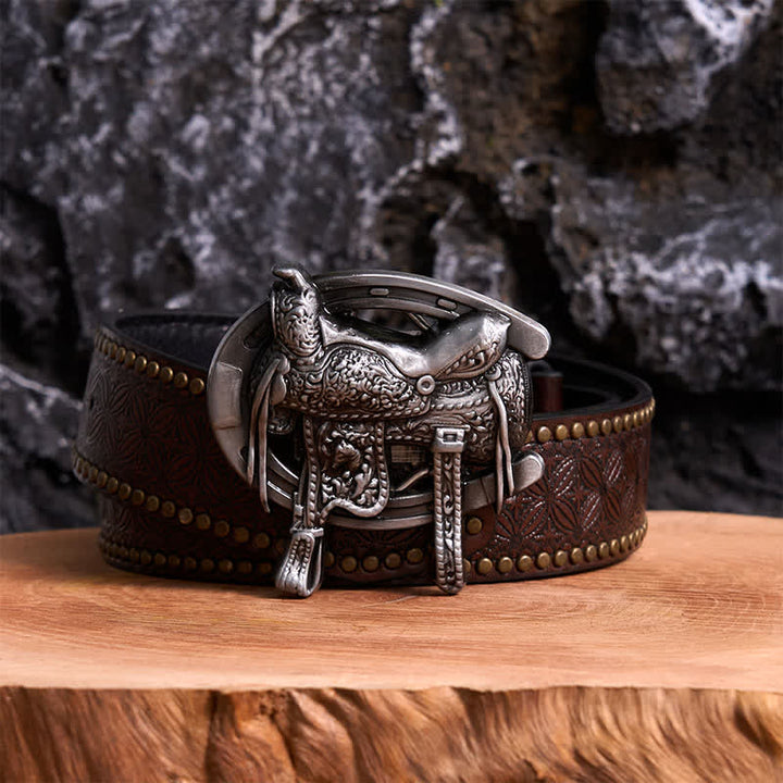 Equestrian Sports DIY Saddle Horse Shoe Buckle Leather Belt - Saddle & Horseshoe - Brown Rivet Belt - 42 - image 4