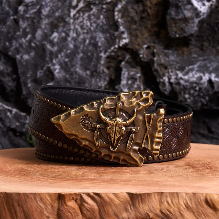 Bronze Triangle DIY Arrowhead Shaped Bull Buckle Leather Belt - Antique Bronze - Brown Rivet Belt - 42 - image 4