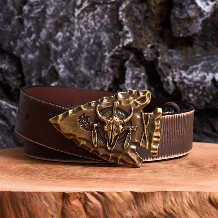 Bronze Triangle DIY Arrowhead Shaped Bull Buckle Leather Belt - Antique Bronze - Brown Distressed Belt - 42 - image 5