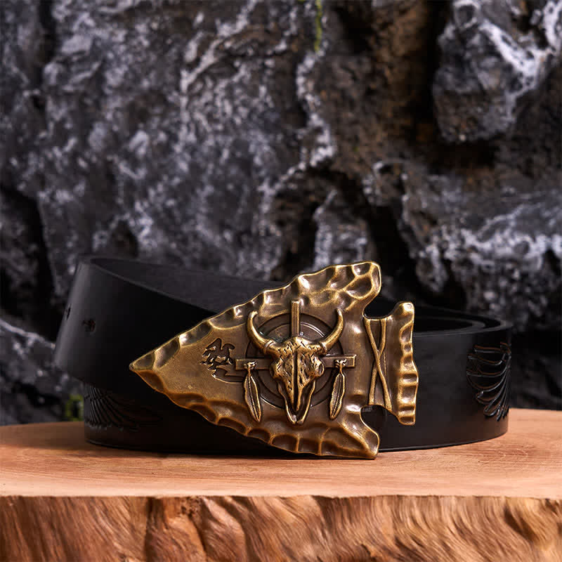 Bronze Triangle DIY Arrowhead Shaped Bull Buckle Leather Belt - Antique Bronze - Black Embossed Eagle Belt - 42 - image 2
