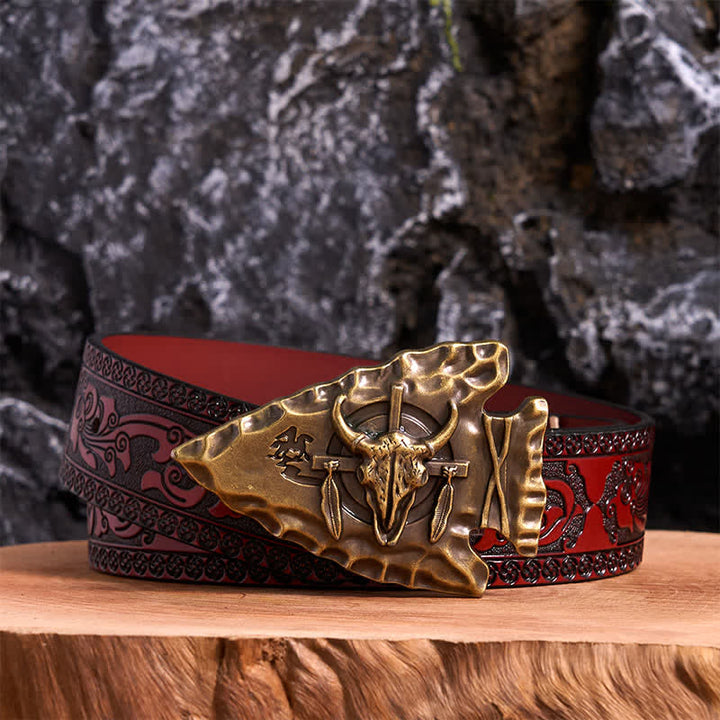 Bronze Triangle DIY Arrowhead Shaped Bull Buckle Leather Belt - Antique Bronze - Brown Carved Belt - 42 - image 6