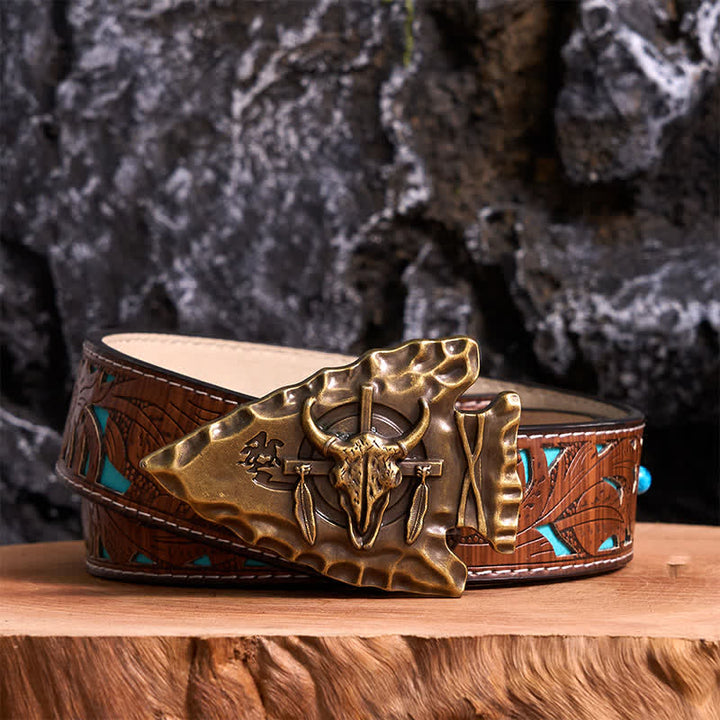 Bronze Triangle DIY Arrowhead Shaped Bull Buckle Leather Belt - Antique Bronze - Turquoise Carved Belt - 42 - image 3