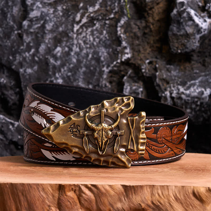 Bronze Triangle DIY Arrowhead Shaped Bull Buckle Leather Belt - Antique Bronze - Brown Feather Belt - 40 - image 7