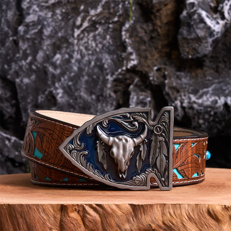 Navy Enamel DIY Arrowhead Shaped Bull Buckle Leather Belt - Antique Silver - Turquoise Carved Belt - 42 - image 3