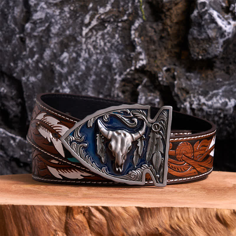Navy Enamel DIY Arrowhead Shaped Bull Buckle Leather Belt - Antique Silver - Brown Feather Belt - 40 - image 7