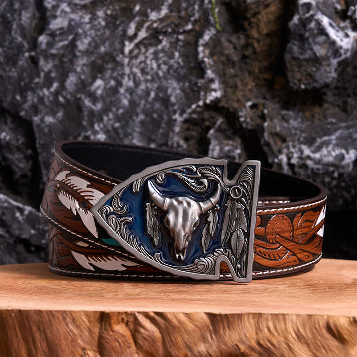 Navy Enamel DIY Arrowhead Shaped Bull Buckle Leather Belt - Antique Silver - Brown Feather Belt - 40 - image 7