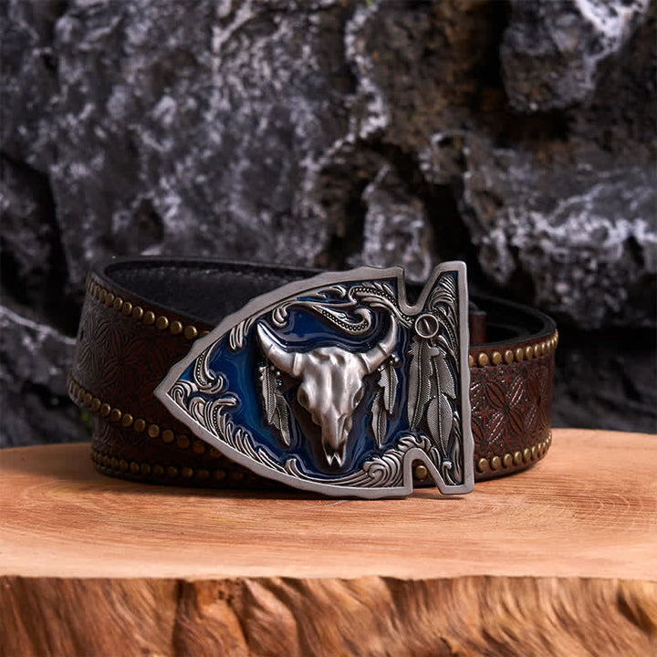 Navy Enamel DIY Arrowhead Shaped Bull Buckle Leather Belt - Antique Silver - Brown Rivet Belt - 42 - image 4
