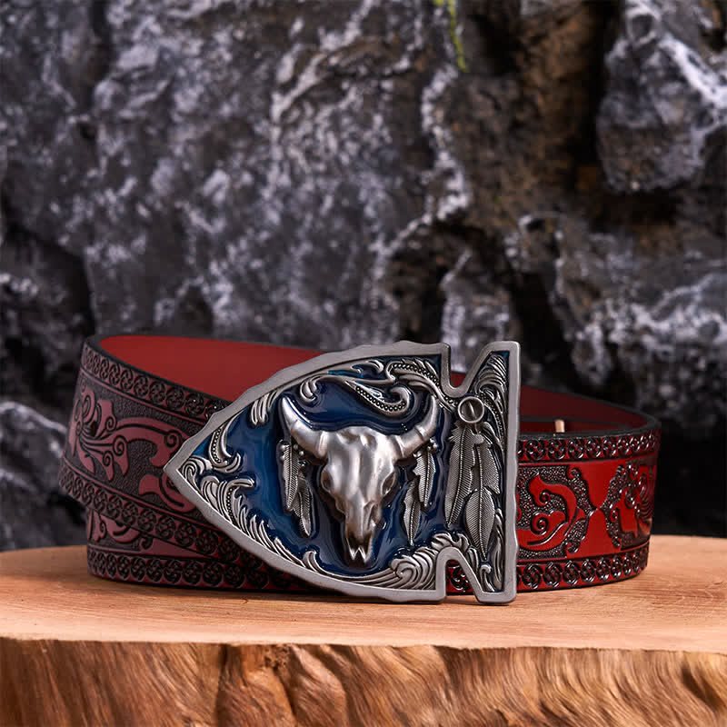 Navy Enamel DIY Arrowhead Shaped Bull Buckle Leather Belt - Antique Silver - Brown Carved Belt - 42 - image 6