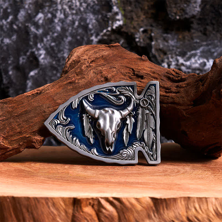 Navy Enamel DIY Arrowhead Shaped Bull Buckle Leather Belt - Antique Silver - Without Belt - Not Included Belt - image 0