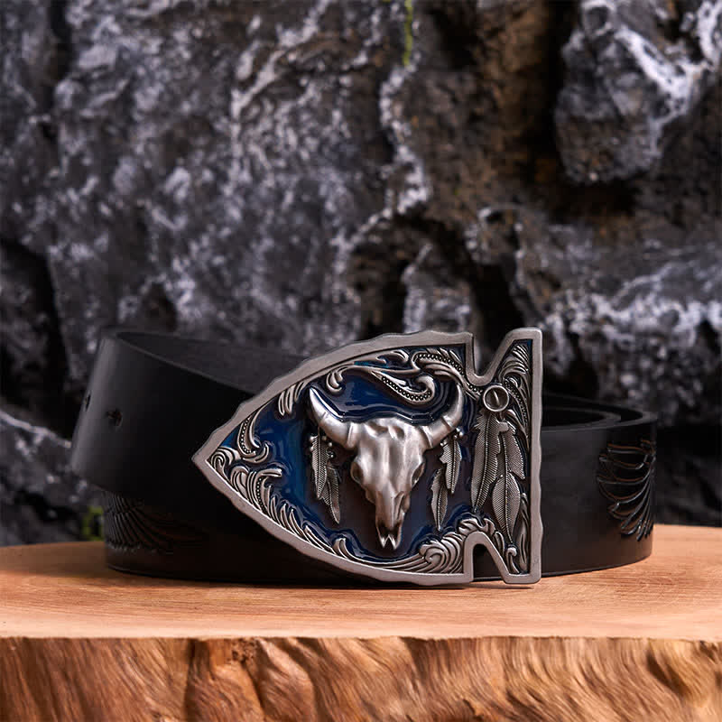 Navy Enamel DIY Arrowhead Shaped Bull Buckle Leather Belt - Antique Silver - Black Embossed Eagle Belt - 42 - image 2