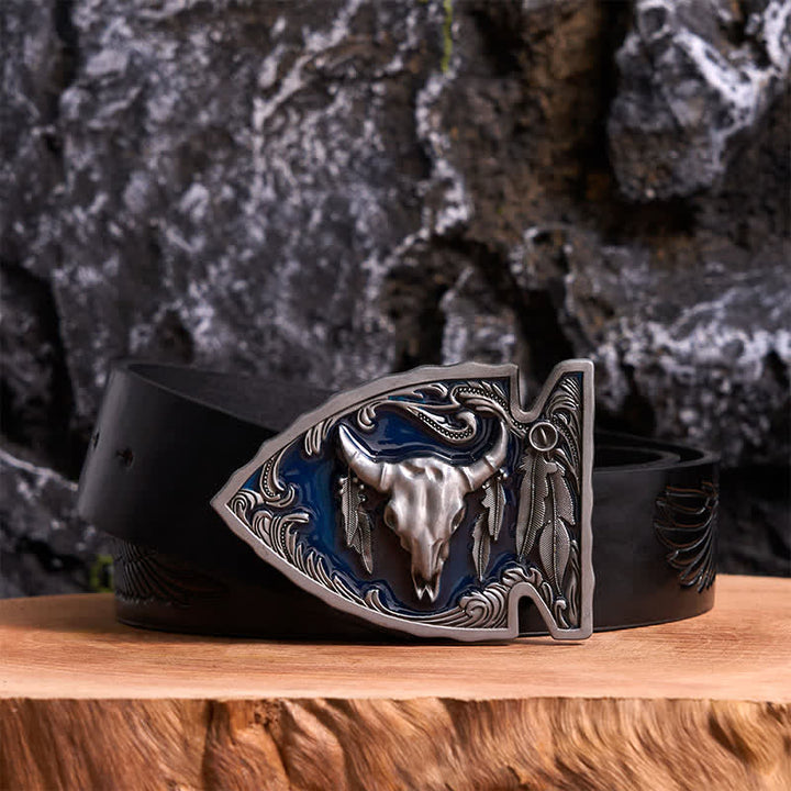 Navy Enamel DIY Arrowhead Shaped Bull Buckle Leather Belt - Antique Silver - Black Embossed Eagle Belt - 42 - image 2