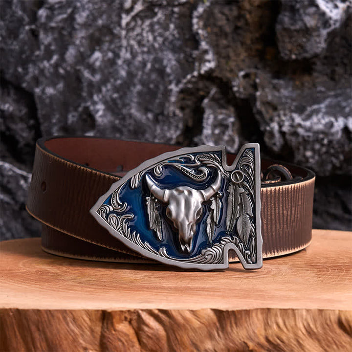 Navy Enamel DIY Arrowhead Shaped Bull Buckle Leather Belt - Antique Silver - Brown Distressed Belt - 42 - image 5
