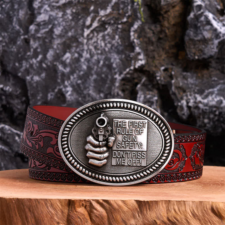 DIY Fashion Gun Safety Outlaw Attitude Buckle Leather Belt - Antique Silver - Brown Carved Belt - 42 - image 6