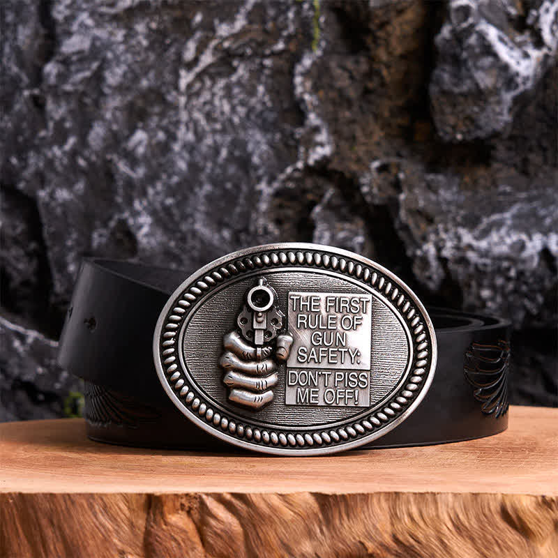 DIY Fashion Gun Safety Outlaw Attitude Buckle Leather Belt - Antique Silver - Black Embossed Eagle Belt - 42 - image 2