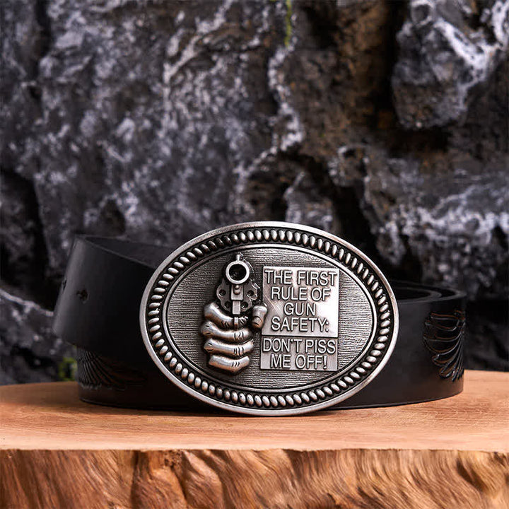 DIY Fashion Gun Safety Outlaw Attitude Buckle Leather Belt - Antique Silver - Black Embossed Eagle Belt - 42 - image 2
