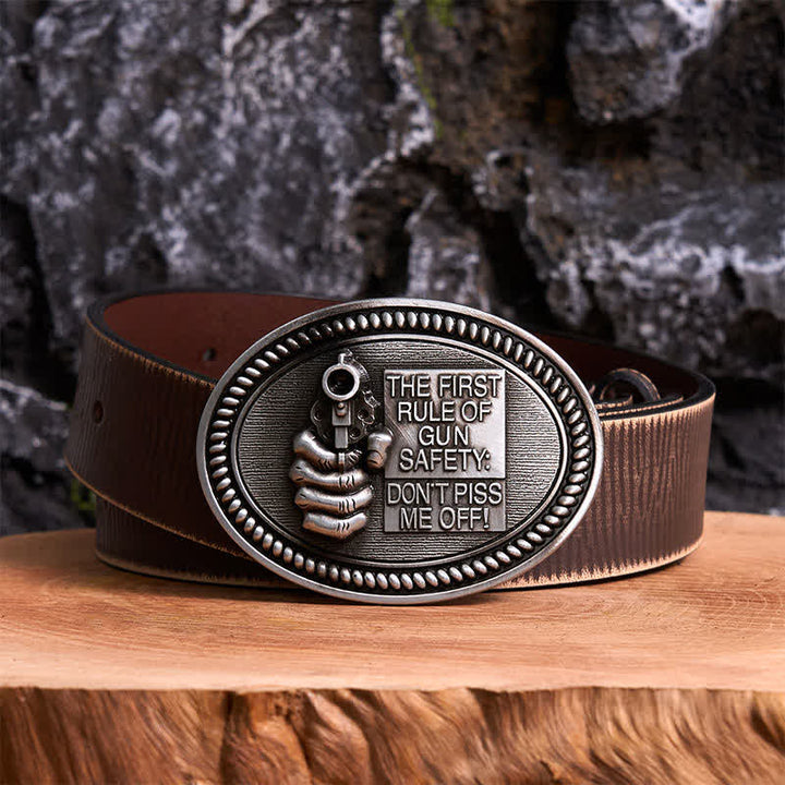 DIY Fashion Gun Safety Outlaw Attitude Buckle Leather Belt - Antique Silver - Brown Distressed Belt - 42 - image 5
