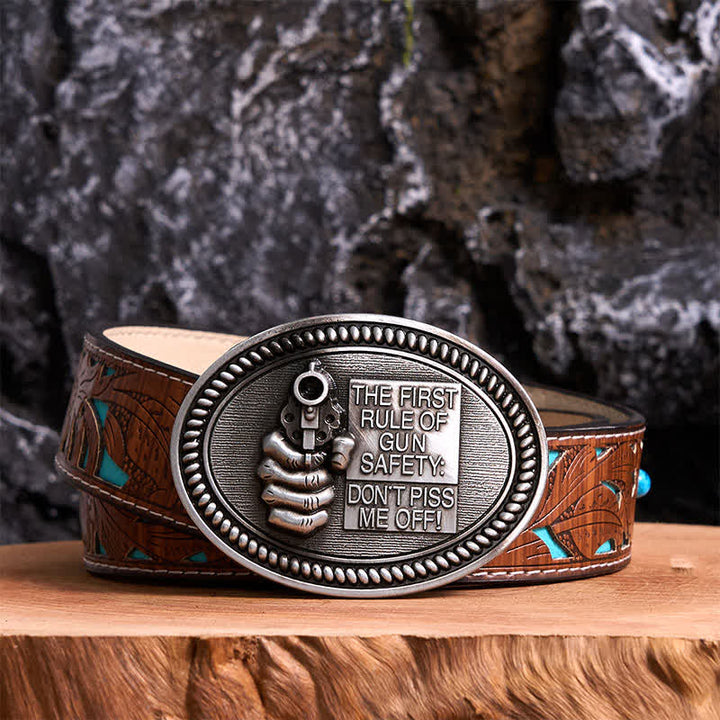 DIY Fashion Gun Safety Outlaw Attitude Buckle Leather Belt - Antique Silver - Turquoise Carved Belt - 42 - image 3