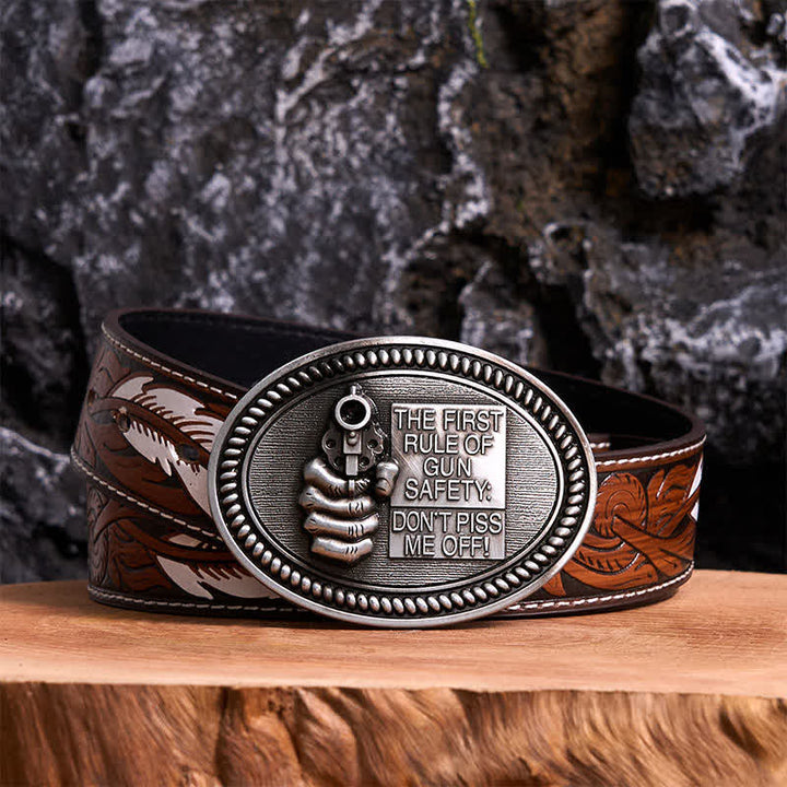 DIY Fashion Gun Safety Outlaw Attitude Buckle Leather Belt - Antique Silver - Brown Feather Belt - 40 - image 7