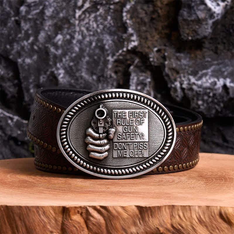DIY Fashion Gun Safety Outlaw Attitude Buckle Leather Belt - Antique Silver - Brown Rivet Belt - 42 - image 4