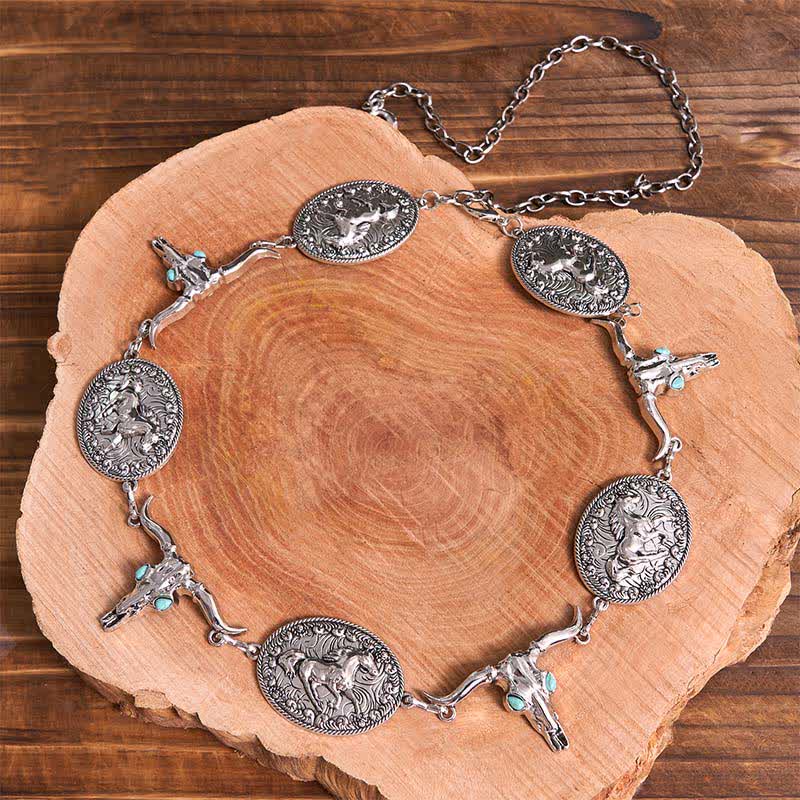 Women's Bull Head Faux Turquoise Western Concho Belt Waist Chain